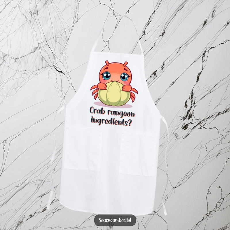 Funny kitchen apron with a curious crab peeking from behind a seacucumber, adding a humorous touch to cooking and baking tasks.