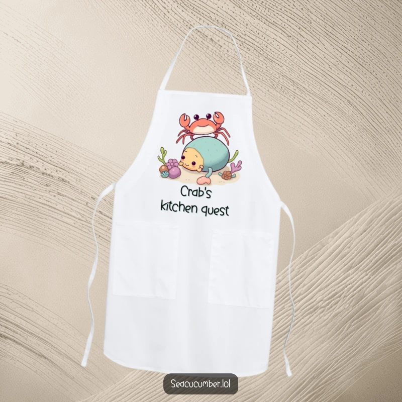 Funny Crab Apron approaching a tumbling Sea Cucumber, a humorous and practical kitchen accessory.