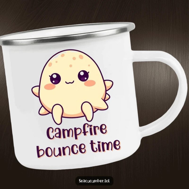 Funny sea cucumber with cheerful dot eyes bouncing gently on a sturdy camping mug for nature lovers.