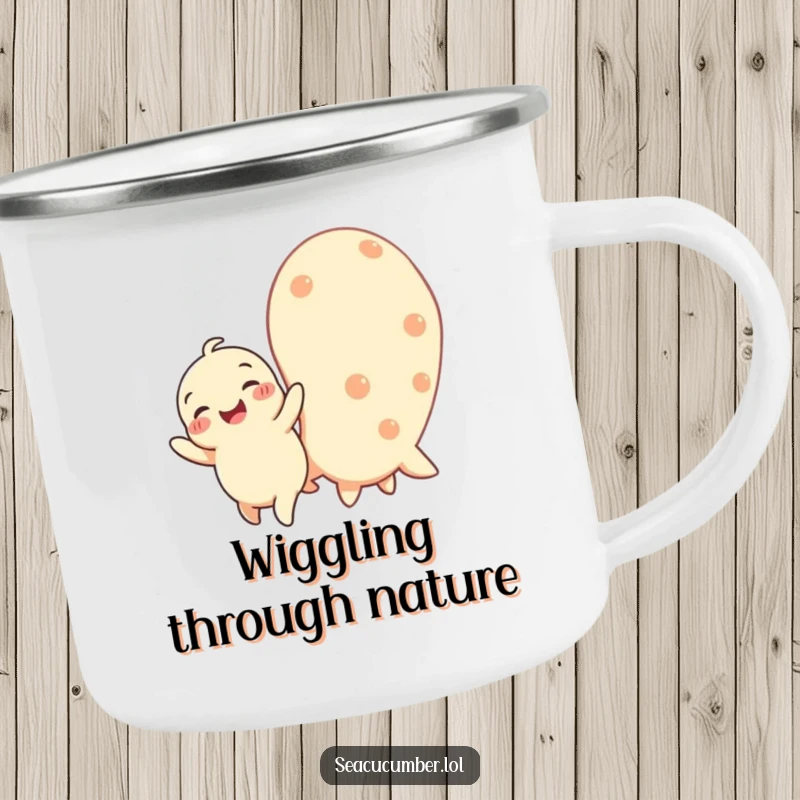 Funny camping mug featuring a happy baby seacucumber wiggling joyfully next to a larger one, ideal for outdoor happiness.