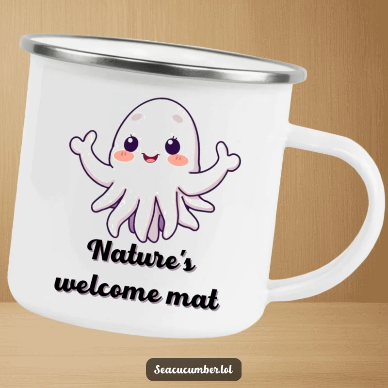 Funny sea cucumber camping mug featuring a happy creature with welcoming tentacles, perfect for outdoor drinks with a humorous touch.