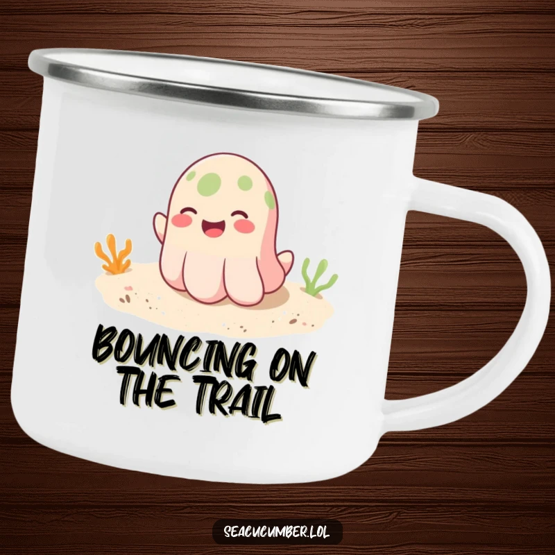 Funny camping mug showcasing a smiling seacucumber playfully bouncing on a sandy bottom, ideal for outdoor fun and humor.
