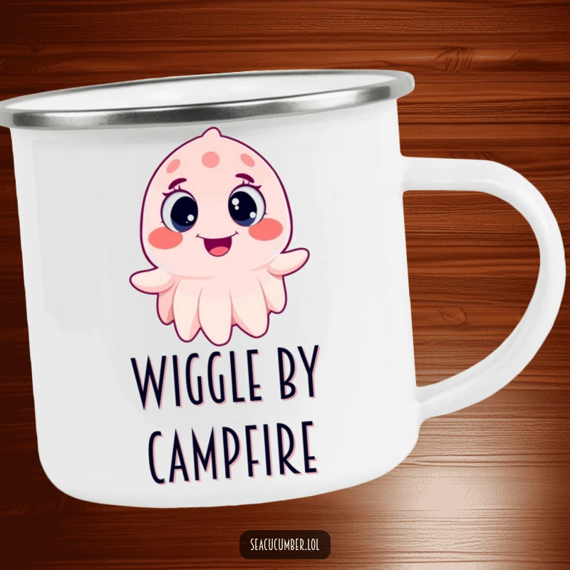 Funny Sea Cucumber Camping Mug wiggling joyfully with wide, happy eyes, a durable and humorous mug for outdoor excursions.