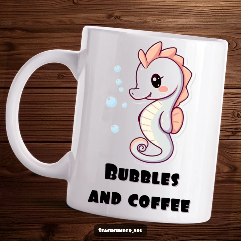 Funny Mug featuring a playful seahorse with bubbles trailing behind it, smiling happily underwater.