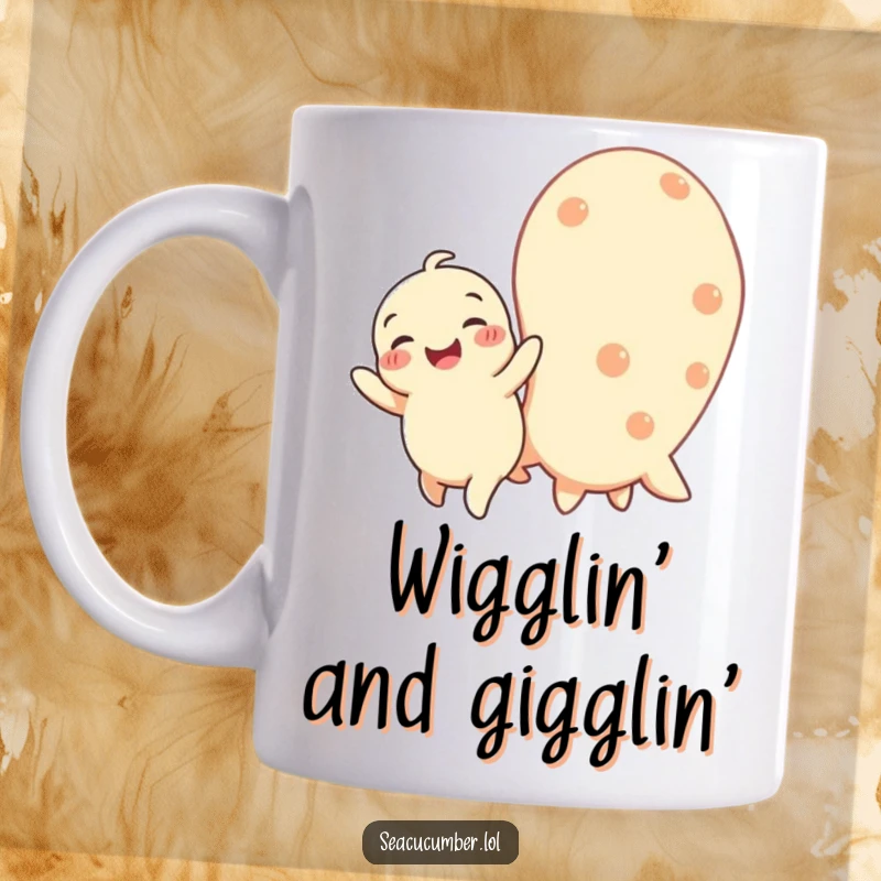 Funny mug featuring a happy baby seacucumber wiggling with pure joy next to a larger, content seacucumber, radiating happiness.