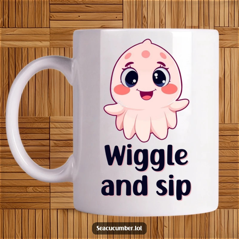 Funny Sea Cucumber Mug wiggling joyfully with wide, happy eyes, a whimsical and cute ocean-themed gift.