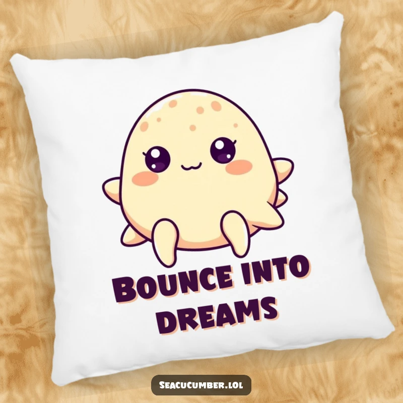 Funny sea cucumber with cheerful dot eyes gently bouncing, a soft and decorative ocean-themed pillow.
