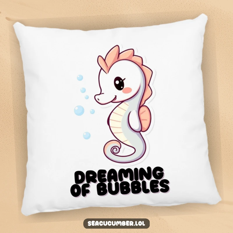 Funny Pillow with a playful smiling seahorse with bubbles trailing behind it, perfect for cuddling.