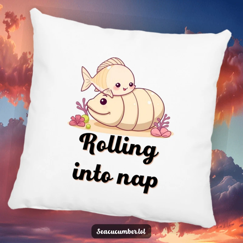Funny small fish playfully nudging a rolling sea cucumber, soft and decorative ocean-themed pillow.