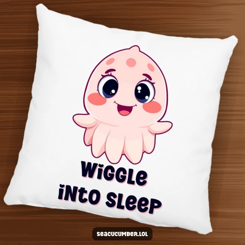 Funny Sea Cucumber Pillow wiggling joyfully with wide, happy eyes, a soft and humorous decorative accent.