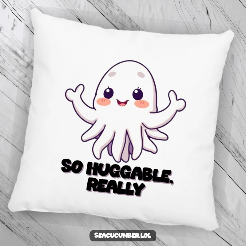 Funny sea cucumber pillow showcasing a soft texture and a happy, welcoming sea creature with spread tentacles, adding humor to decor.