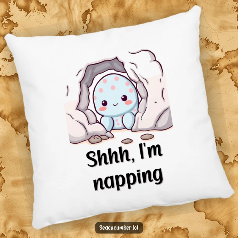 Funny shy sea cucumber character with a shy smile, soft and squishable pillow for cozy ocean-themed decor.