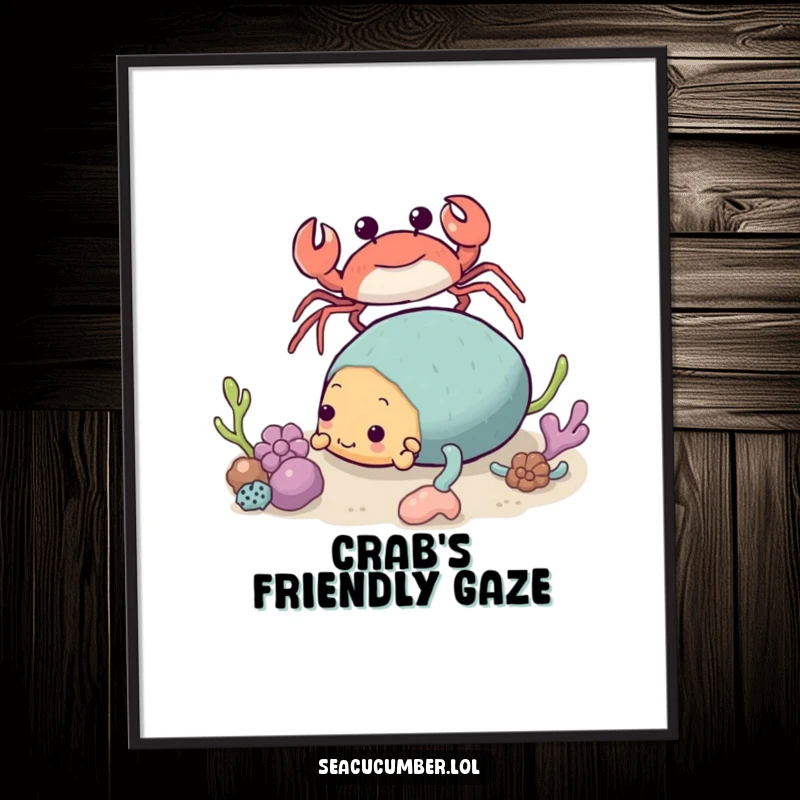 Funny Crab Digital Art Print of a crab approaching a tumbling Sea Cucumber, humorous and cute.