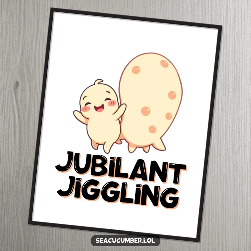 Funny digital art print of a happy baby seacucumber wiggling with joy next to a larger one, creating instant cheerful decor.