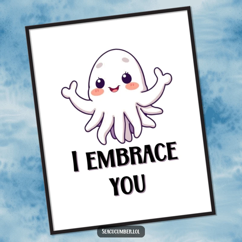 Funny sea cucumber digital art print showing a happy character with outstretched tentacles, offering a humorous and welcoming vibe for digital display.