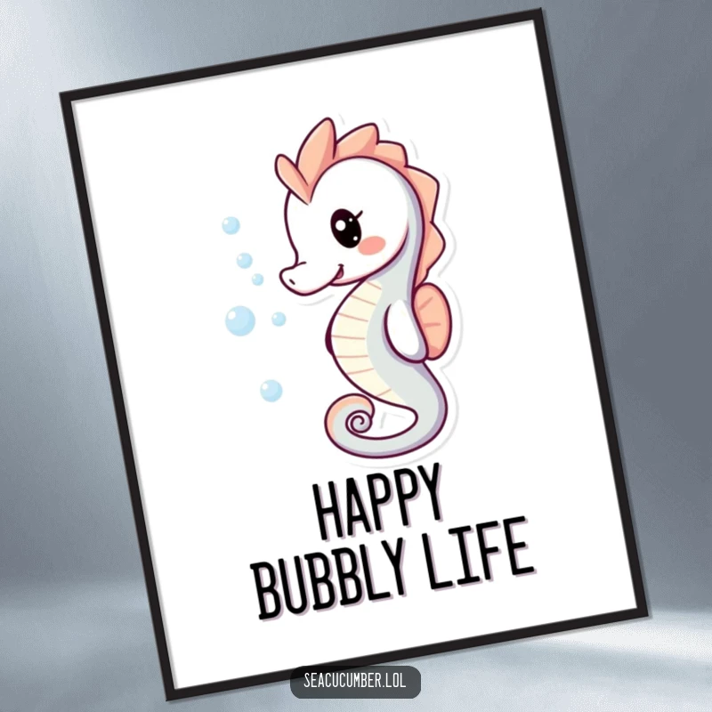 Funny Digital Art Print of a playful smiling seahorse with bubbles trailing behind it.