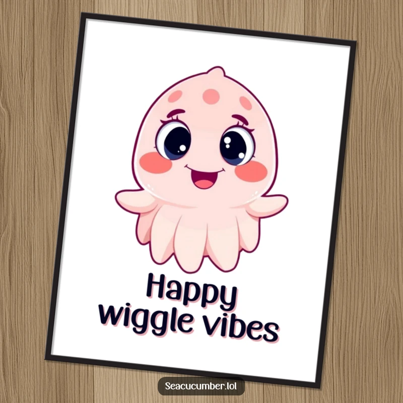 Funny Sea Cucumber Digital Art Print of a sea cucumber wiggling joyfully with wide, happy eyes, humorous and cute.