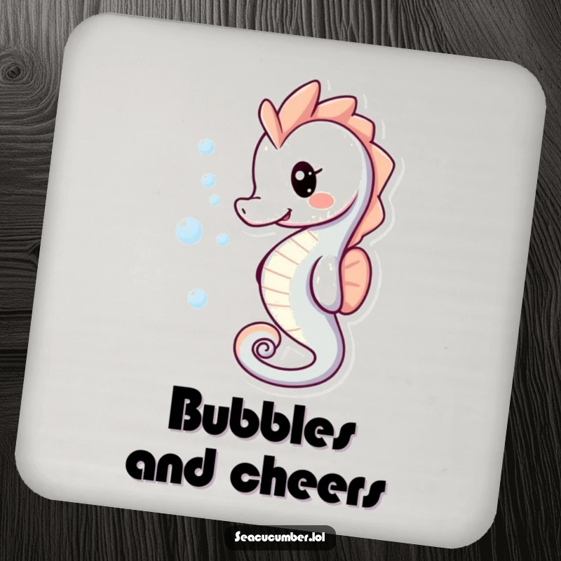 Funny Drink Coasters featuring a playful smiling seahorse with bubbles trailing behind it.