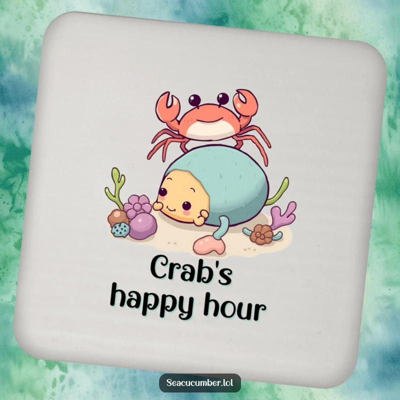 Funny Crab Coaster approaching a tumbling Sea Cucumber, a humorous and practical drink accessory.