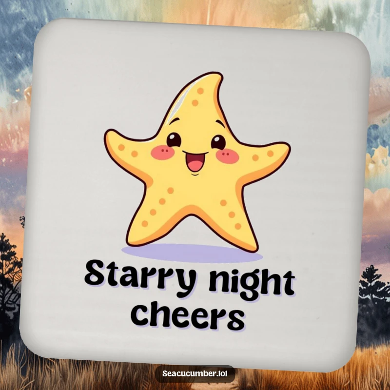 Funny Drink Coasters featuring a cheerful starfish with an excited expression performing a little spin.
