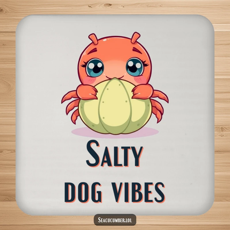 Funny drink coasters featuring a curious crab peeking from behind a seacucumber, protecting surfaces with ocean-themed humor.