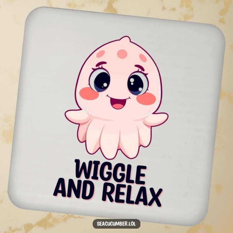 Funny Sea Cucumber Coaster wiggling joyfully with wide, happy eyes, a humorous and practical drink accessory.