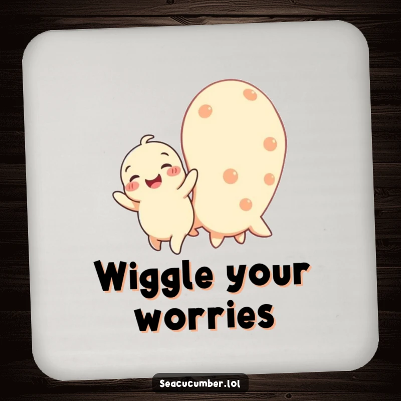 Funny drink coasters featuring a happy baby seacucumber wiggling with joy next to a larger one, adding cheerful protection.