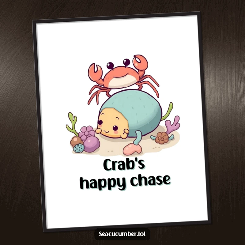 Funny Crab Poster approaching a tumbling Sea Cucumber, a humorous and cute piece of wall art.