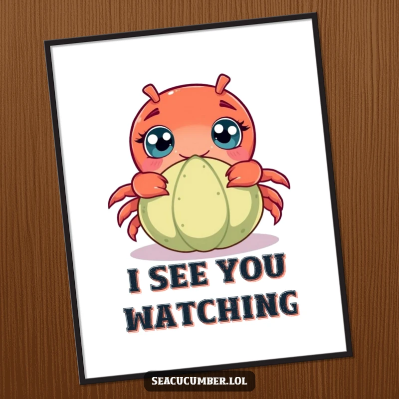Funny poster art of a wide-eyed, curious crab peeking from behind a small seacucumber, adding humorous ocean vibes to décor.