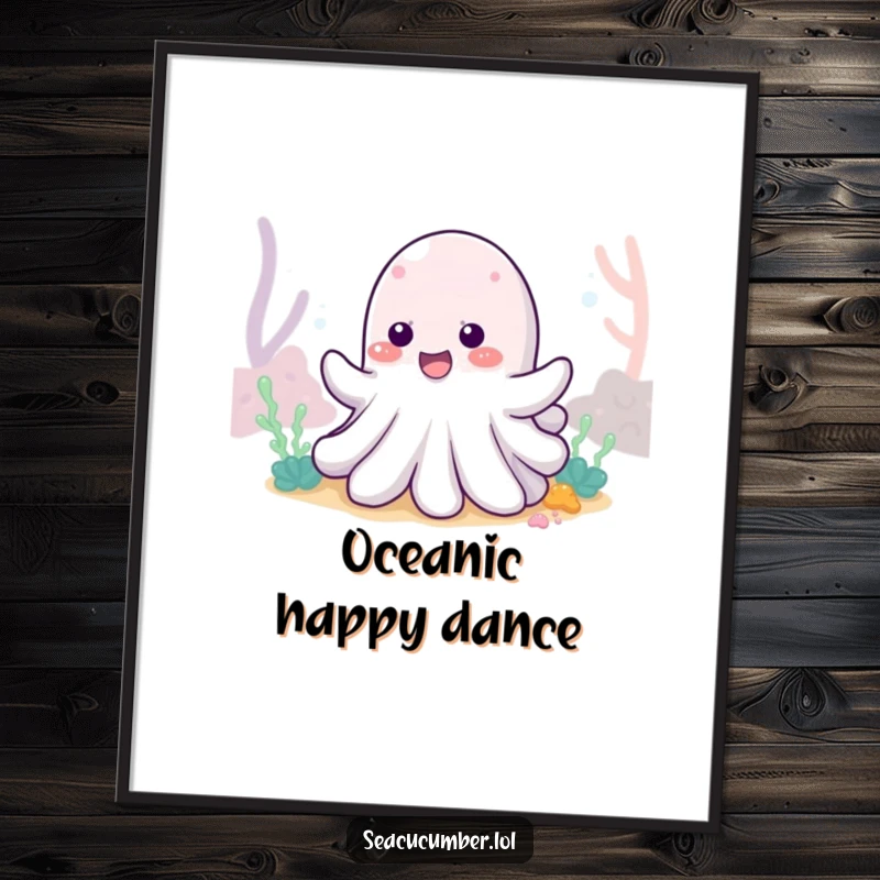 Funny Sea Cucumber Poster depicting a cheerful sea cucumber wiggling with delight on the sea floor, bringing ocean charm and humor.