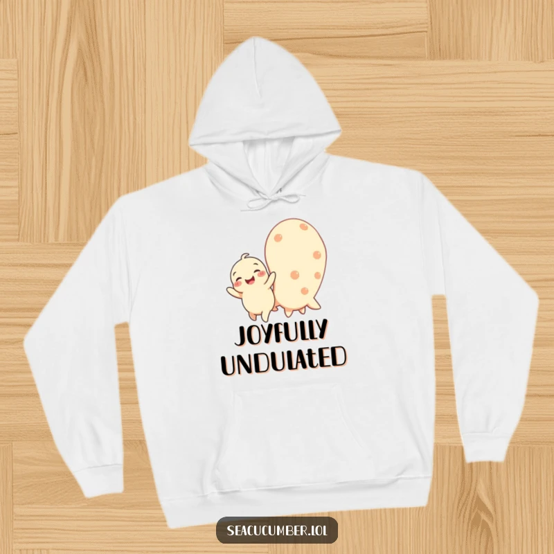 Funny hoodie depicting a happy baby seacucumber wiggling energetically next to a larger one, offering cozy, joyful vibes.