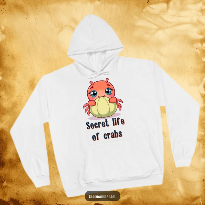 Funny hoodie showing a wide-eyed, curious crab peeking from behind a small seacucumber, offering cozy humor and ocean charm.