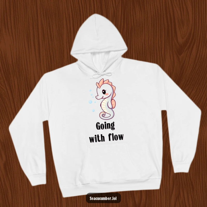 Funny Hoodie with a playful smiling seahorse surrounded by trailing bubbles.