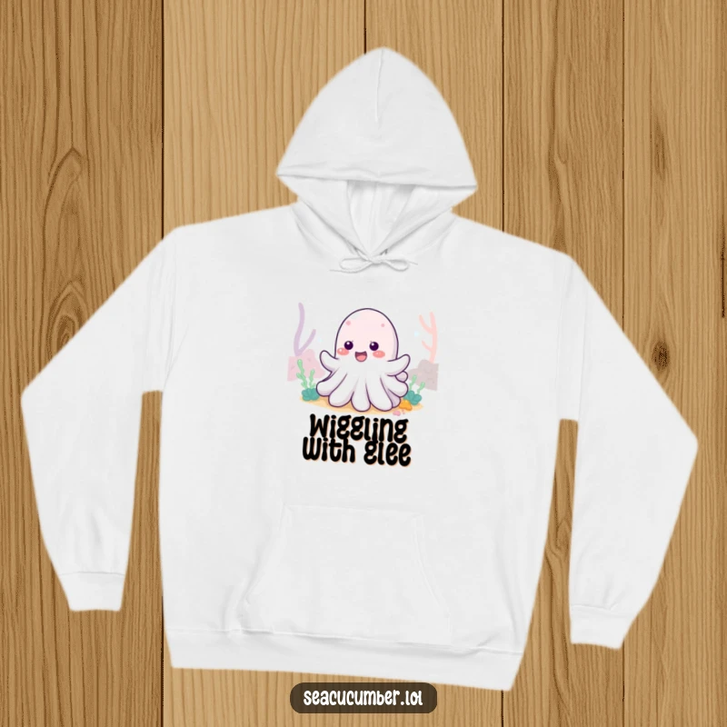 Funny Sea Cucumber Hoodie showing a cheerful sea cucumber wiggling with delight, combining cozy warmth with underwater humor.