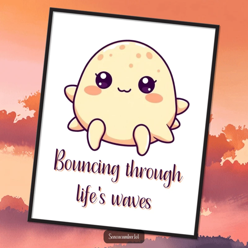 Funny Free Printable Wall Art: A sea cucumber with cheerful dots for eyes bounces gently, a cute and happy downloadable art piece.