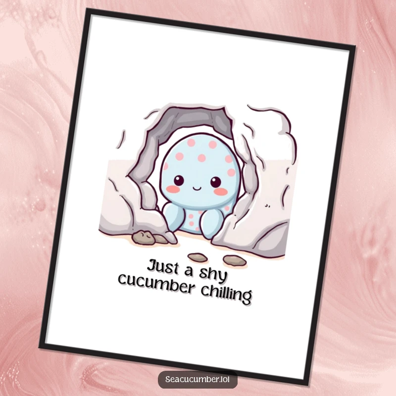 Funny Free Printable Wall Art: A shy sea cucumber with a sweet smile peeking out from behind a rock, cute downloadable home decor.