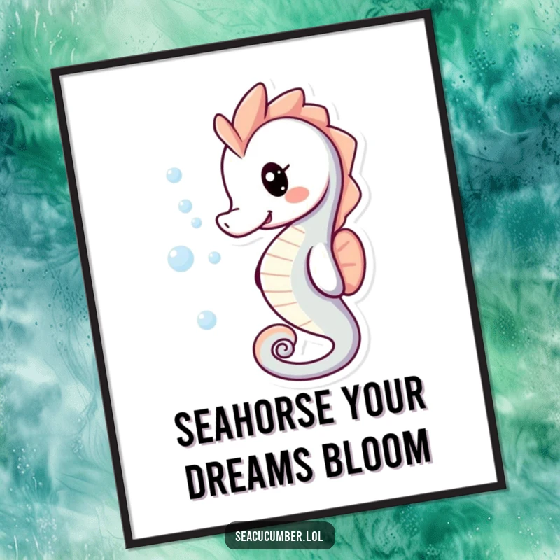 Funny Free Printable Wall Art: A happy seahorse with trailing bubbles, a whimsical piece of downloadable art to brighten any room.