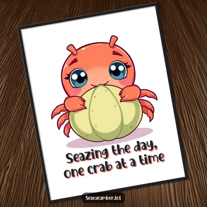 Funny Free Printable Wall Art depicting a curious crab with wide eyes peeking from behind a tiny seacucumber, adding ocean humor.