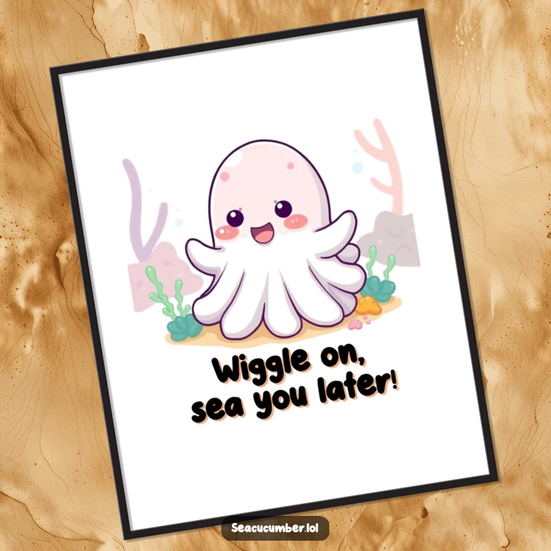 Funny Free Printable Wall Art: Cheerful sea cucumber character wiggling with joy on a vibrant sea floor.