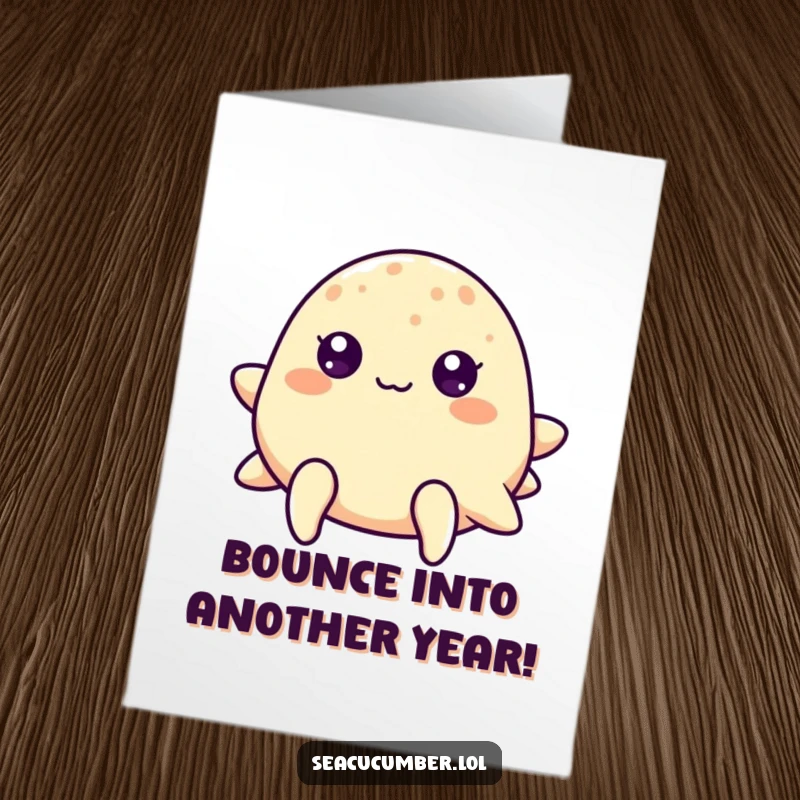 Funny Free Printable Birthday Card: A sea cucumber with cheerful dots for eyes bouncing gently, perfect for a downloadable birthday message.