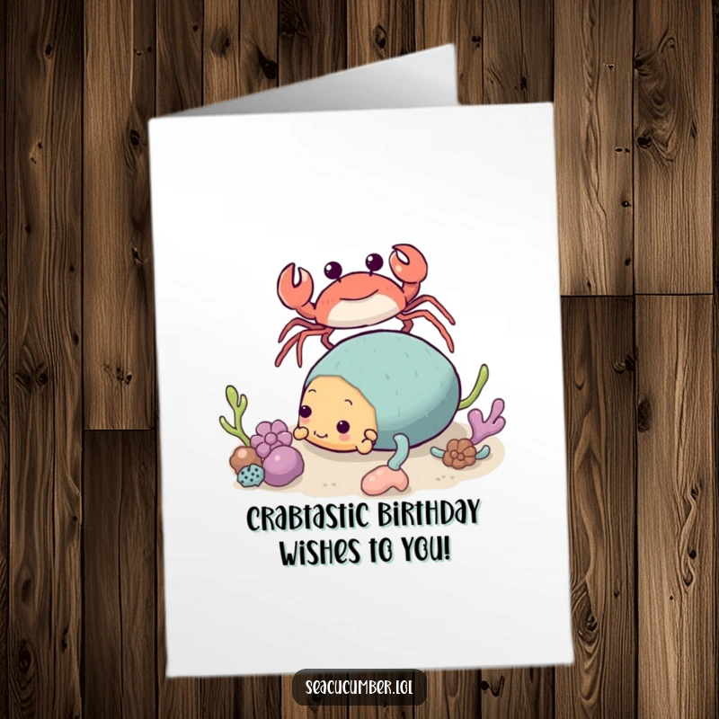 Funny free printable birthday card: A friendly crab approaches a joyfully tumbling sea cucumber with wide, happy eyes.