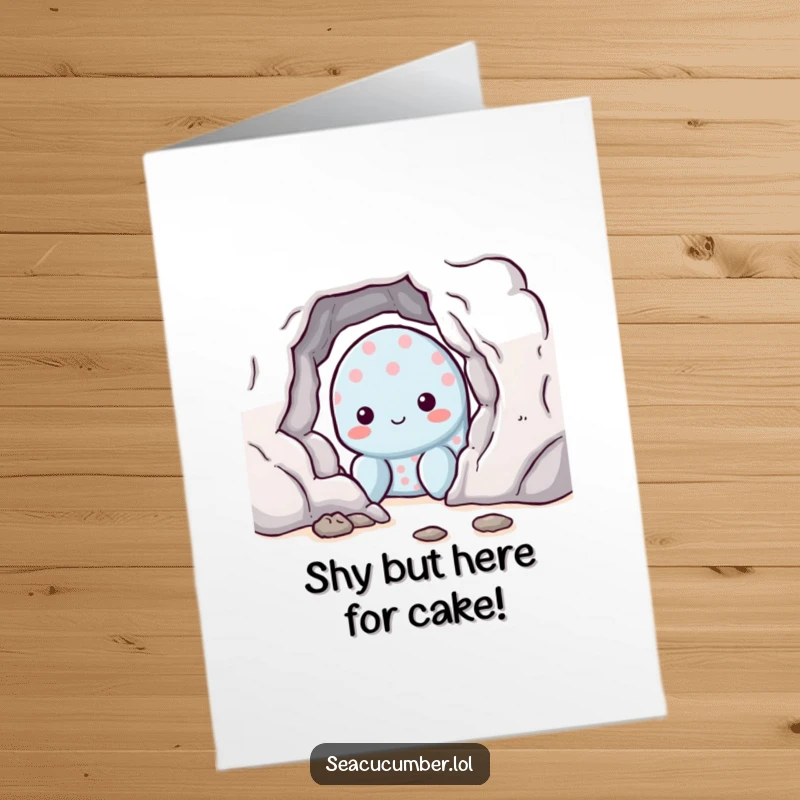Funny Free Printable Birthday Card: Shy sea cucumber with a sweet smile peeking from behind a rock, ideal for a downloadable gift.