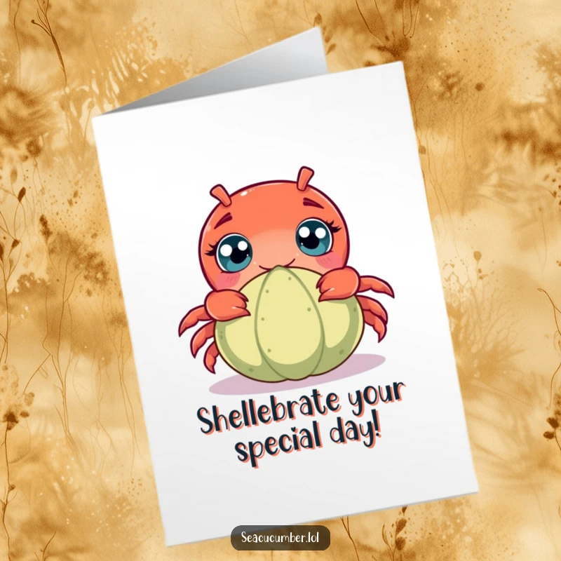 Funny Free Printable Birthday Card featuring a curious crab with wide eyes peeking playfully from behind a small seacucumber.