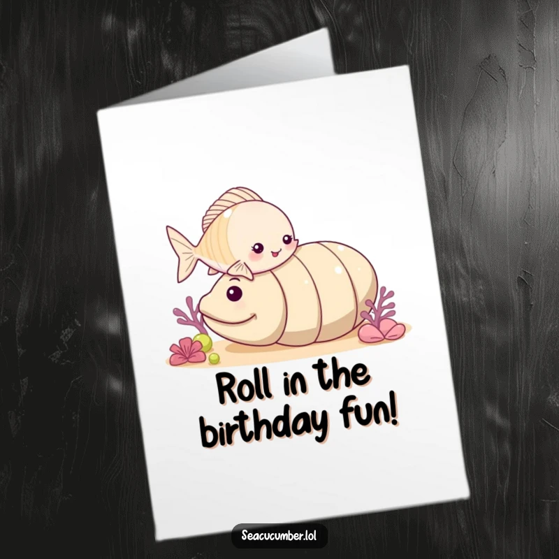 Funny Free Printable Birthday Card: A small fish playfully nudging a rolling sea cucumber, a delightful scene for a downloadable greeting.