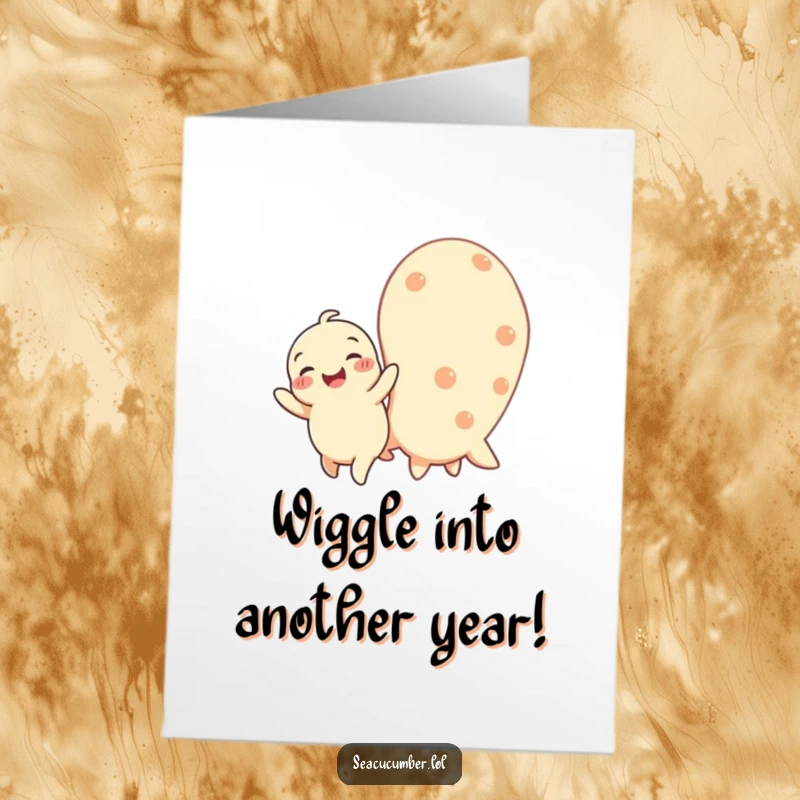 Funny Free Printable Birthday Card featuring a happy baby sea cucumber wiggling with pure joy next to a larger, smiling sea cucumber.