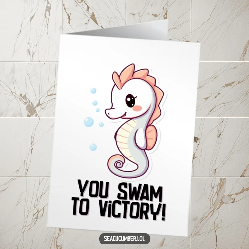 Funny Free Printable Congratulation Card: A happy seahorse with trailing bubbles, celebrating your fantastic achievement with underwater cheer.