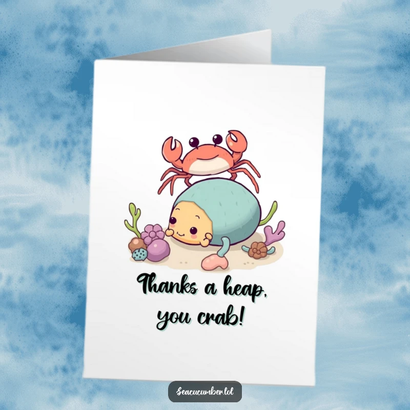 Funny free printable thank you card: A friendly crab curiously approaches a sea cucumber that is tumbling with delight.