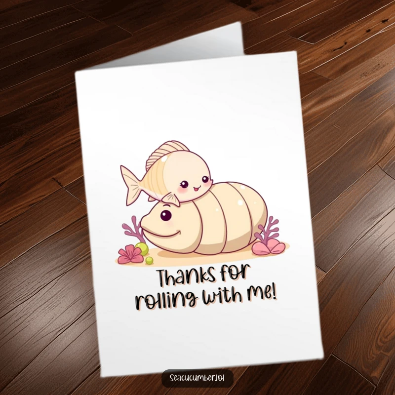 Funny Free Printable Thank You Card: A small fish playfully nudging a rolling sea cucumber, a sweet gesture for a downloadable thank you.