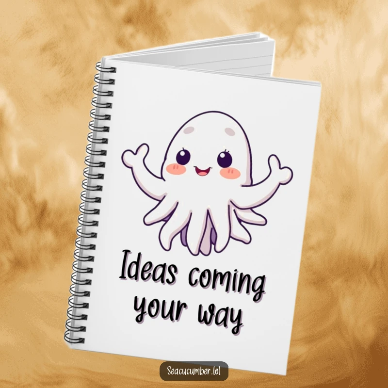 Funny sea cucumber notebook with a happy creature and welcoming tentacles on the cover, perfect for jotting down ideas humorously.