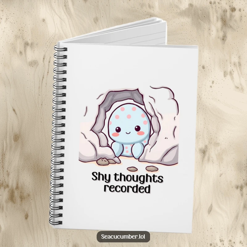 Funny shy sea cucumber with a shy smile peeking from behind a rock, cute notebook for writing and drawing.